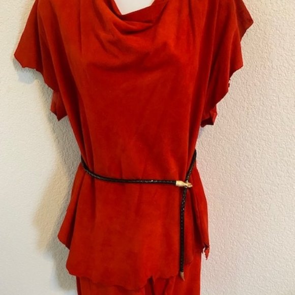 Designer Sample 3pc RED Suede LEATHER Ragged Edge TOP SKIRT &BLACK Snake BELT ~M - Picture 1 of 14